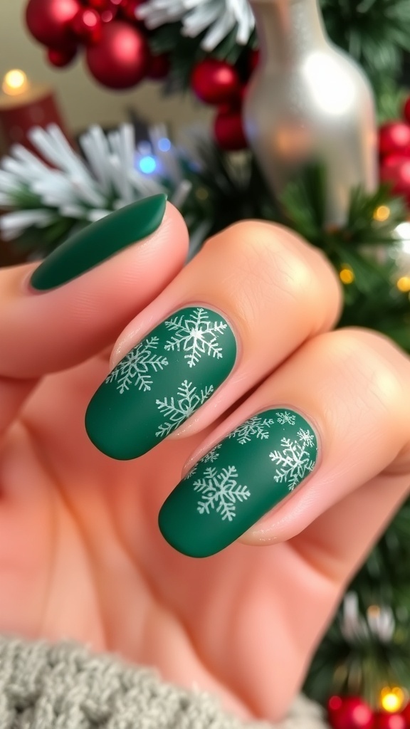 Matte green Christmas nails with snowflake designs and glitter on a festive background.